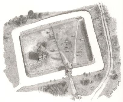 Reconstruction drawing of Coolmurry moated site by Simon Dick